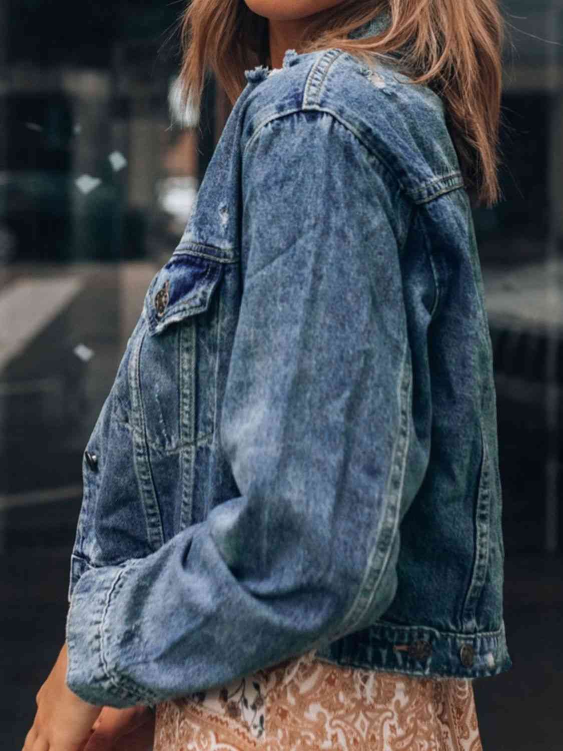 Distressed Button Up  Denim Jean Jacket