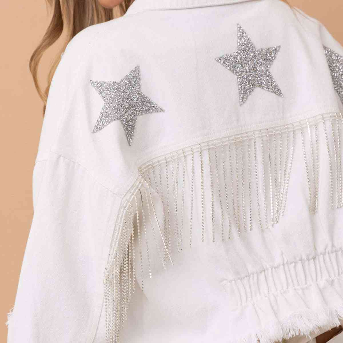 Star Raw Hem Fringe Detail Denim Jean Jacket