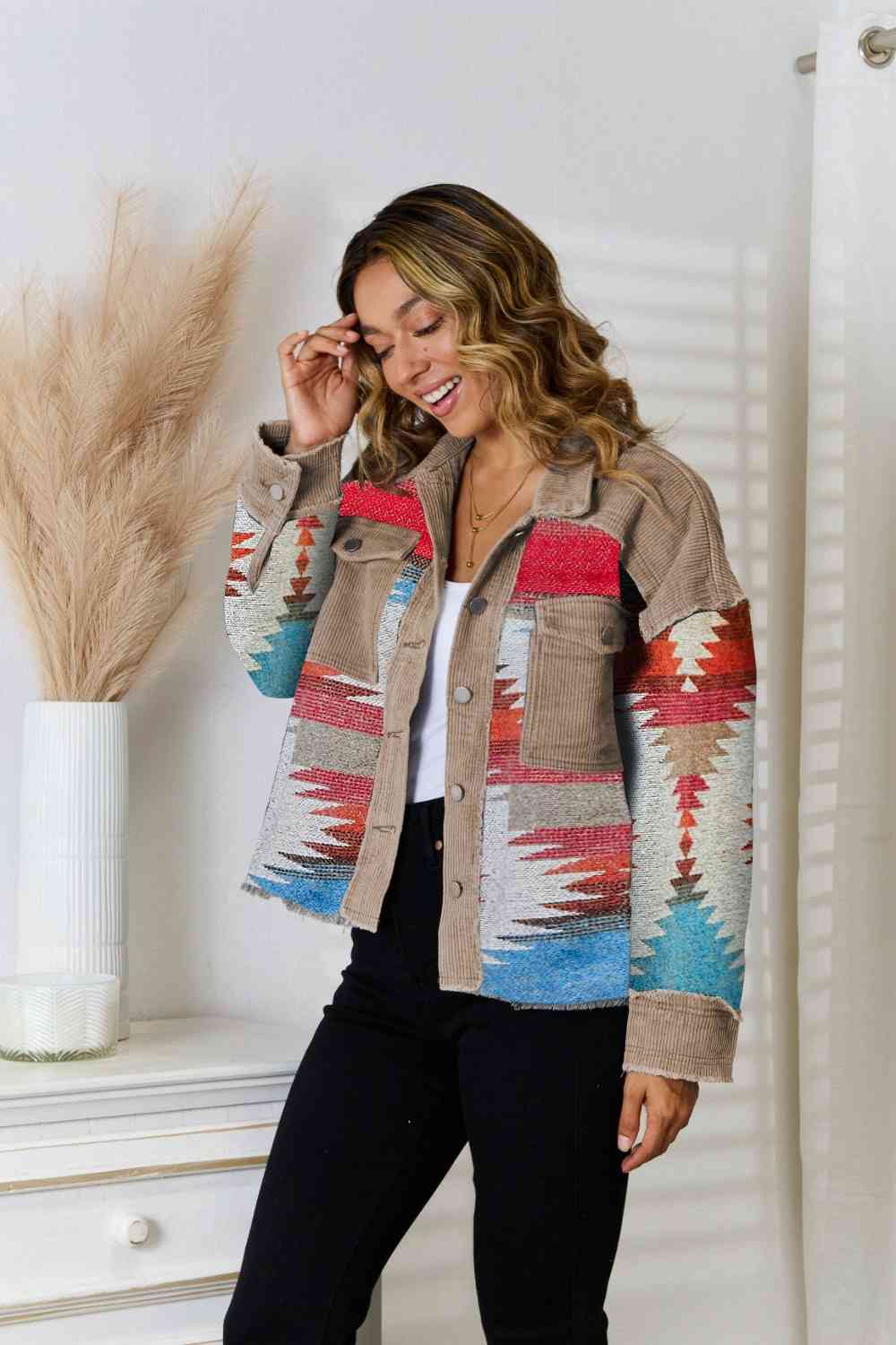 Southwestern Raw Hem Jacket Aztec Print