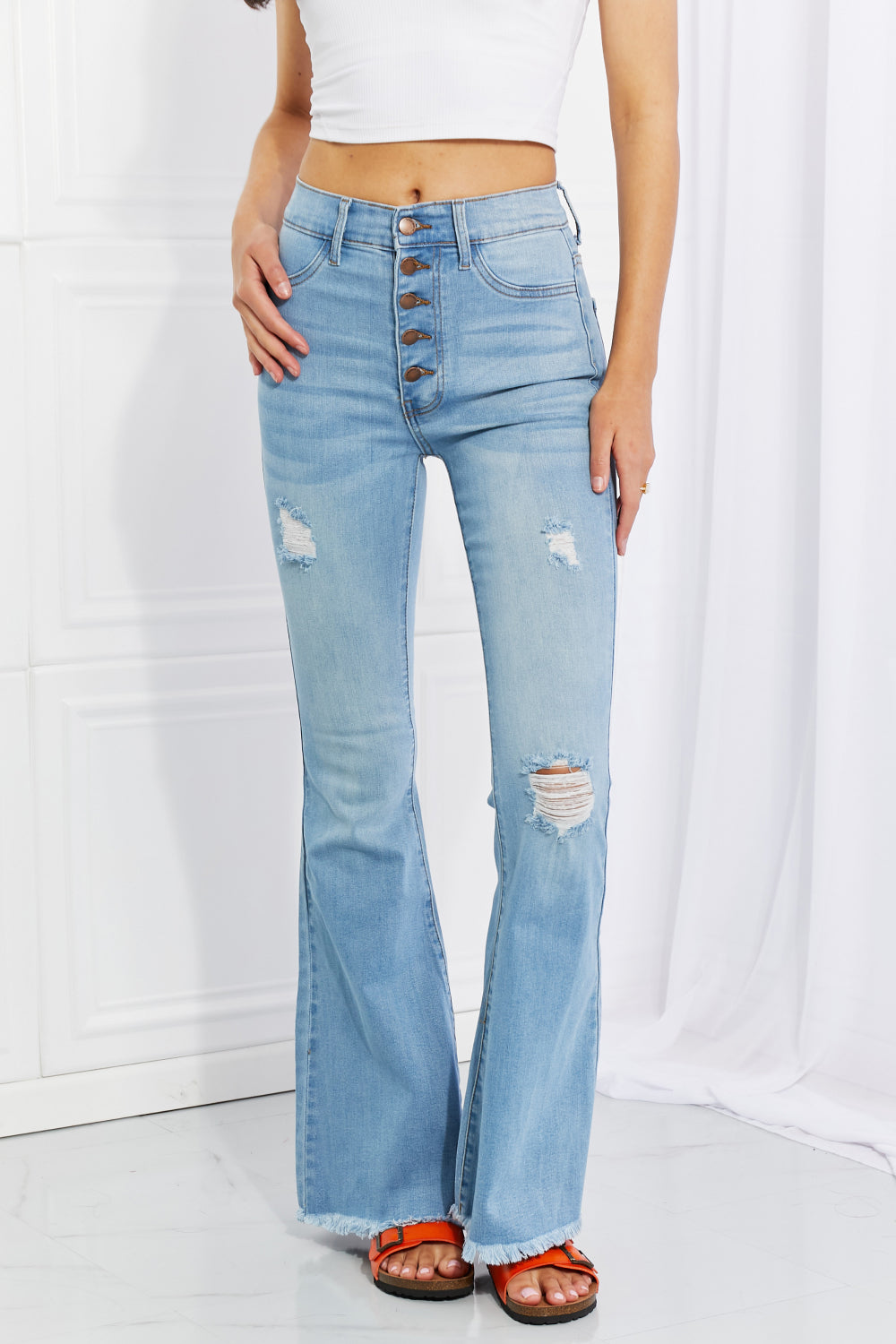 Jess Fly Button Flare Distressed Light Wash Jeans