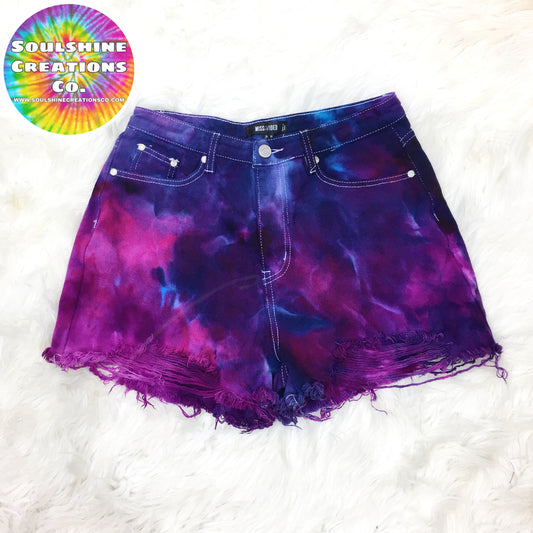 Galaxy Ice Dye Tie Dyed High Rise Distressed Jean Shorts