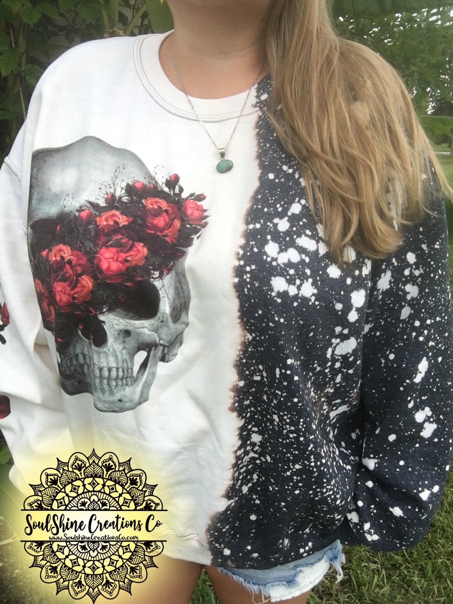 Floral Split Skull Bleached Sweater