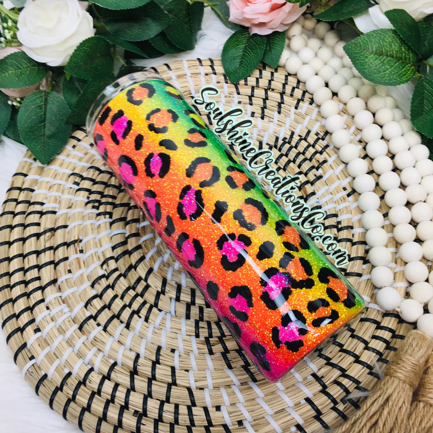 Neon Rainbow Leopard Print Glitter Tumbler