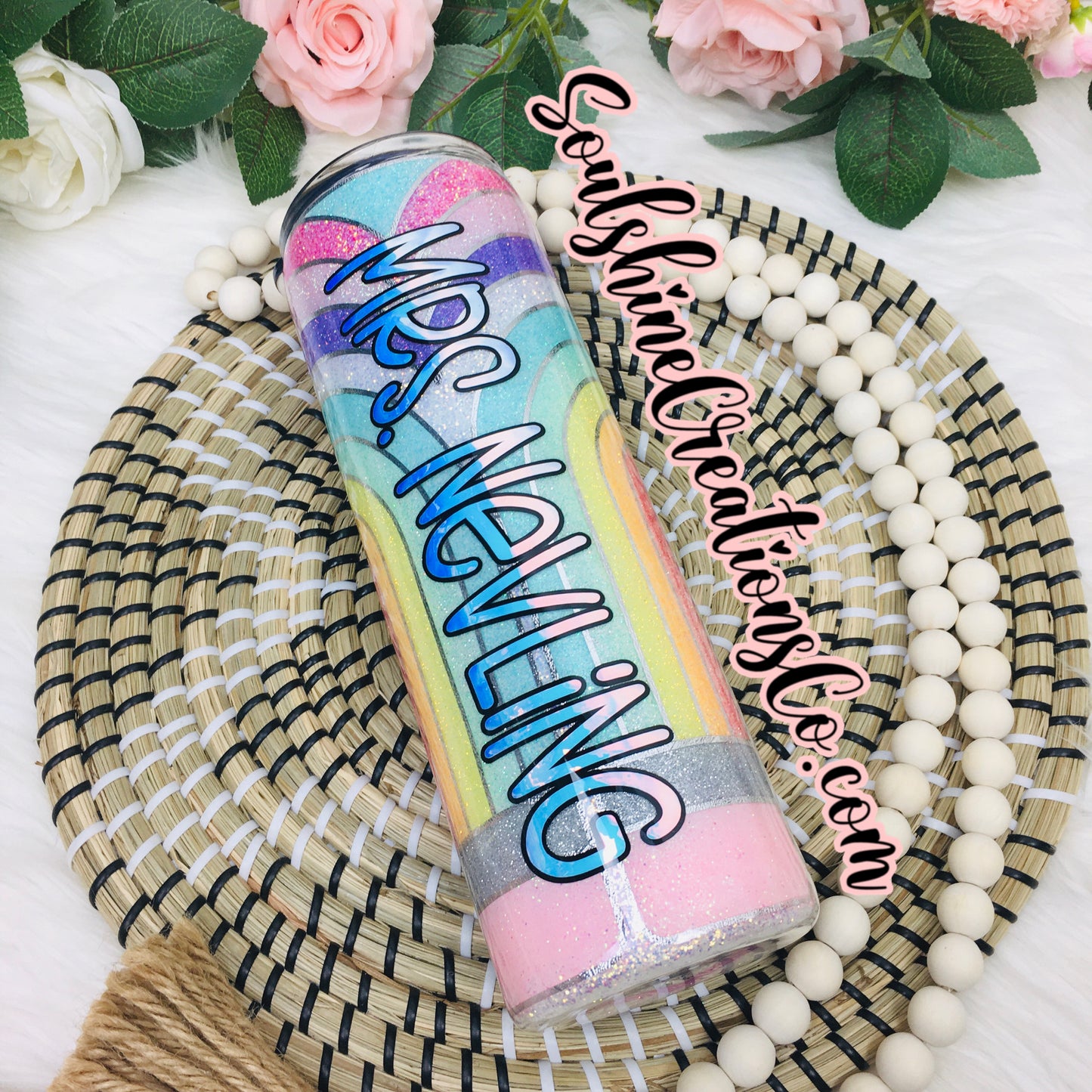 Pastel Rainbow Pencil Glitter Tumbler Teacher Cup