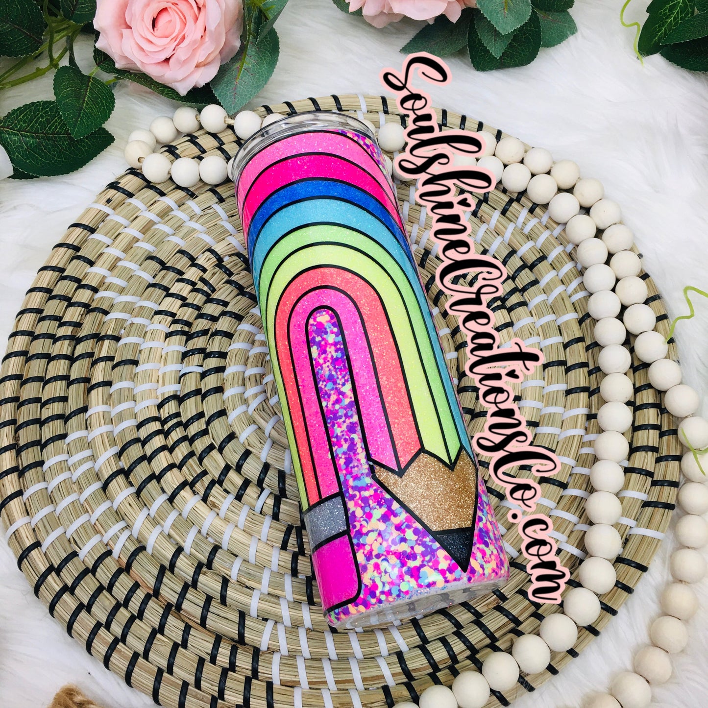 Neon Rainbow Pencil Glitter Composition Book Tumbler Teacher Cup