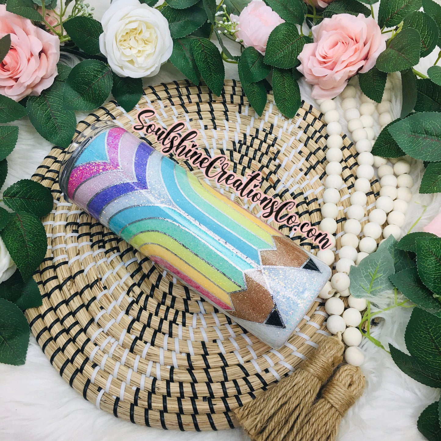 Pastel Rainbow Pencil Glitter Tumbler Teacher Cup