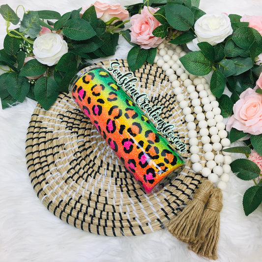 Neon Rainbow Leopard Print Glitter Tumbler