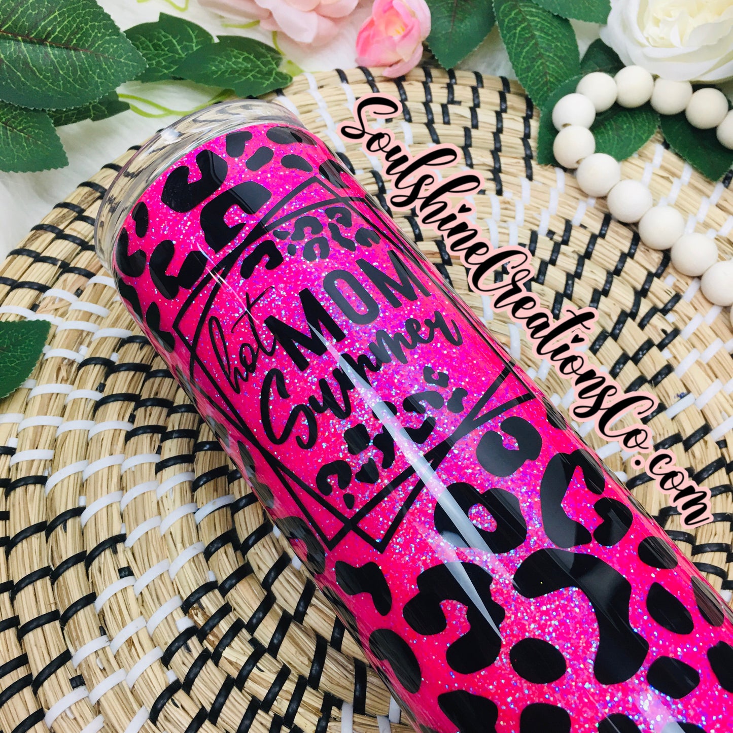 Hot Mom Summer Leopard Print Glitter Skinny Tumbler