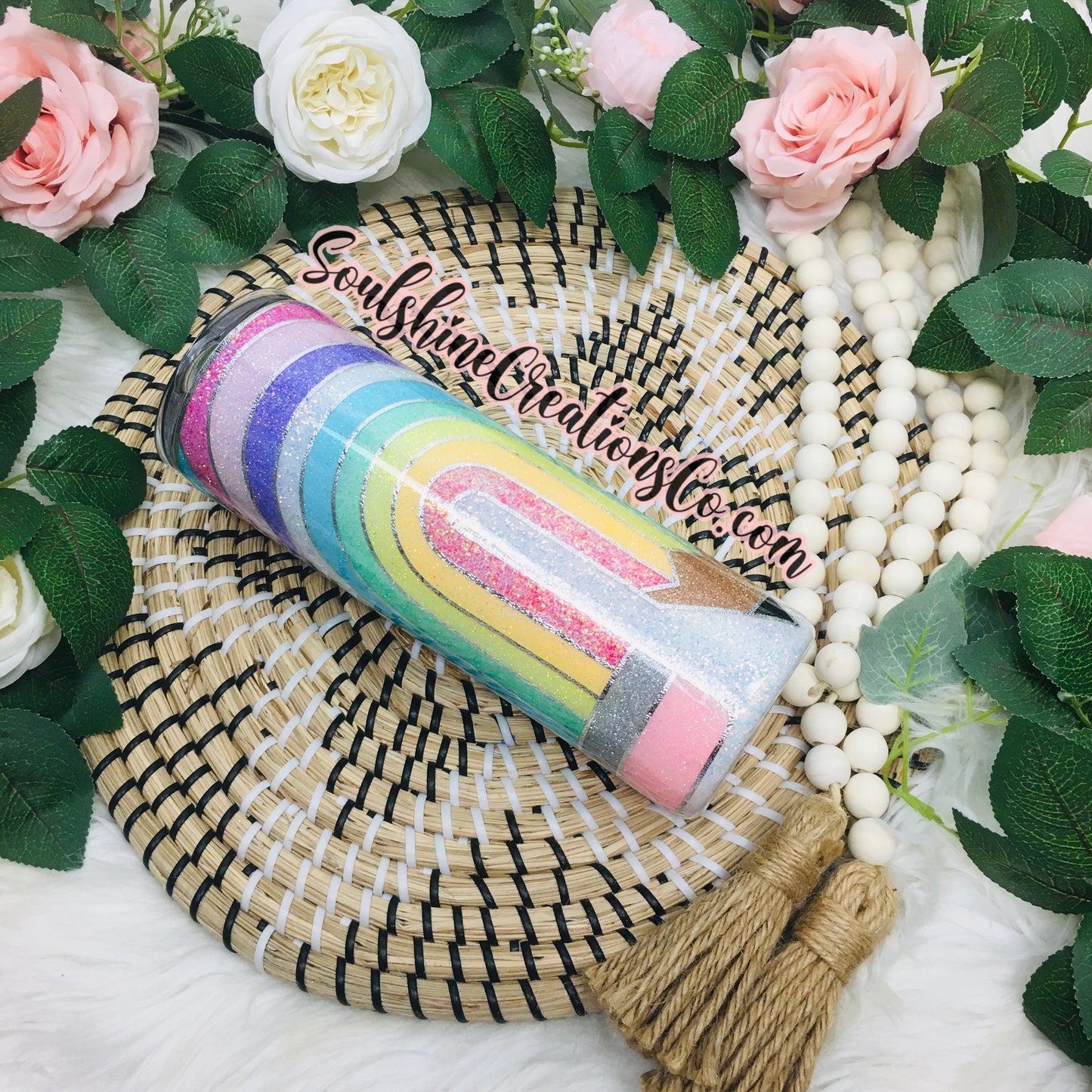 Pastel Rainbow Pencil Glitter Tumbler Teacher Cup