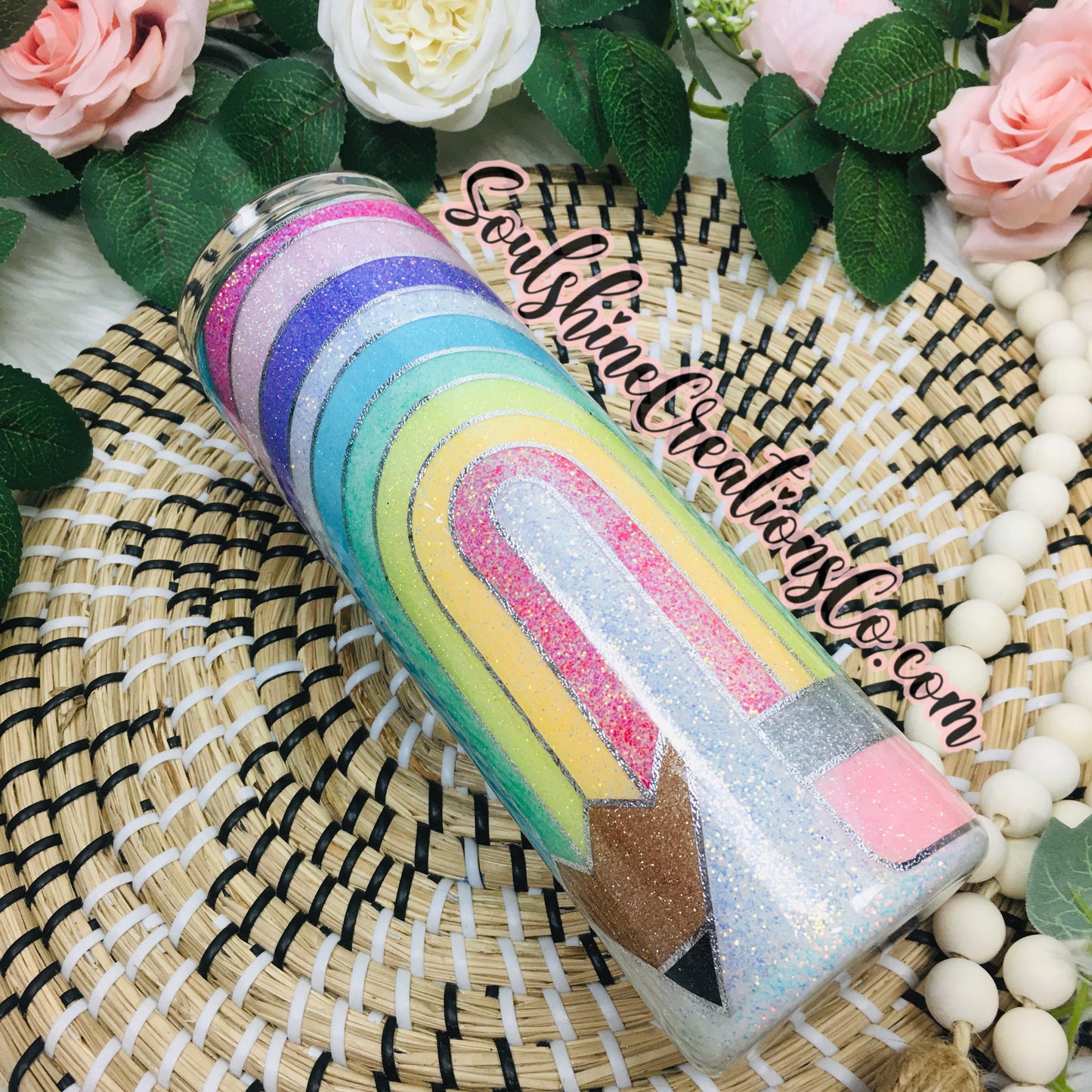 Pastel Rainbow Pencil Glitter Tumbler Teacher Cup