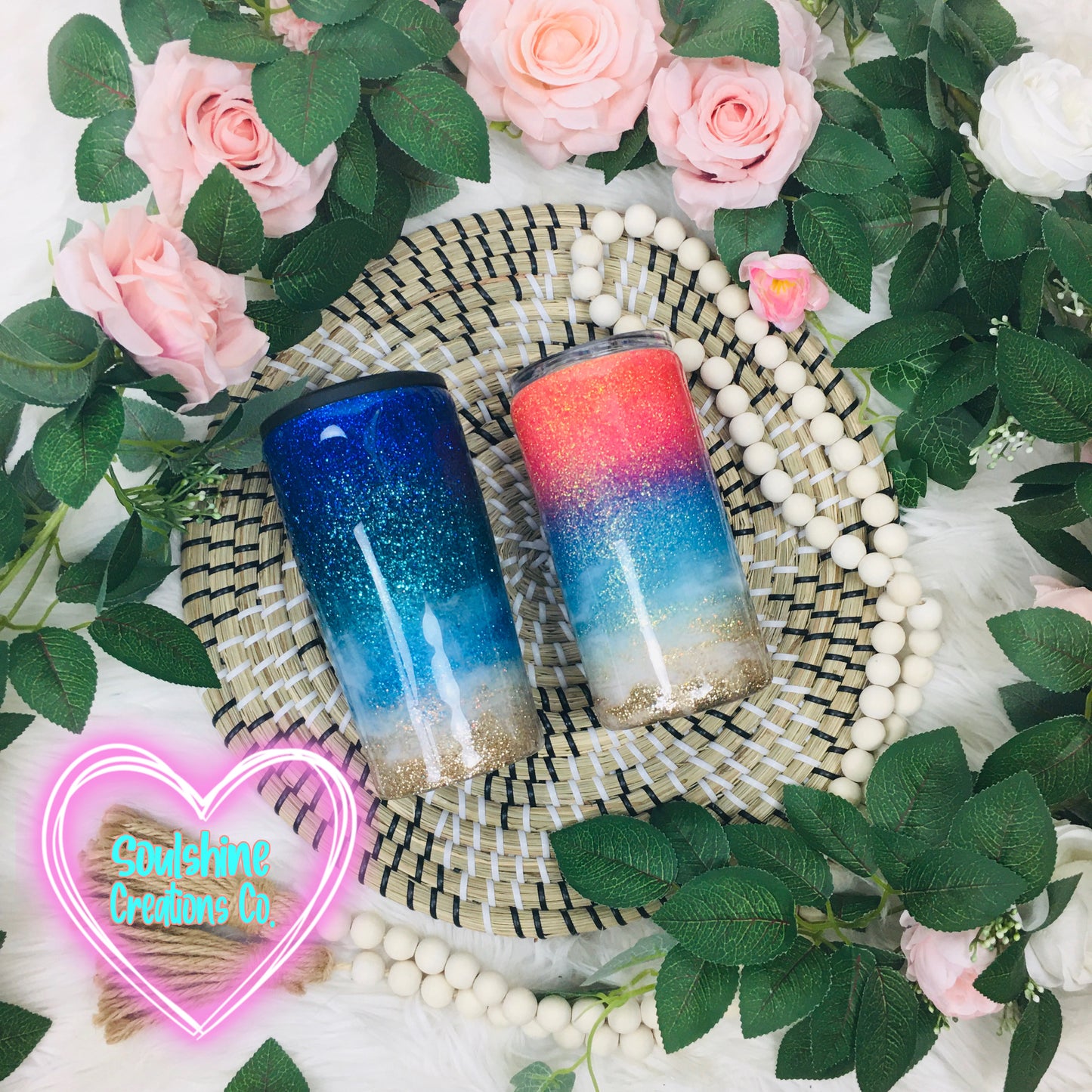 Beach Vibes Pastel Sunset Glitter Tumbler