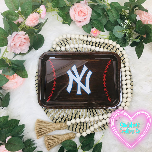 NY Baseball Woodgrain Rolling Tray