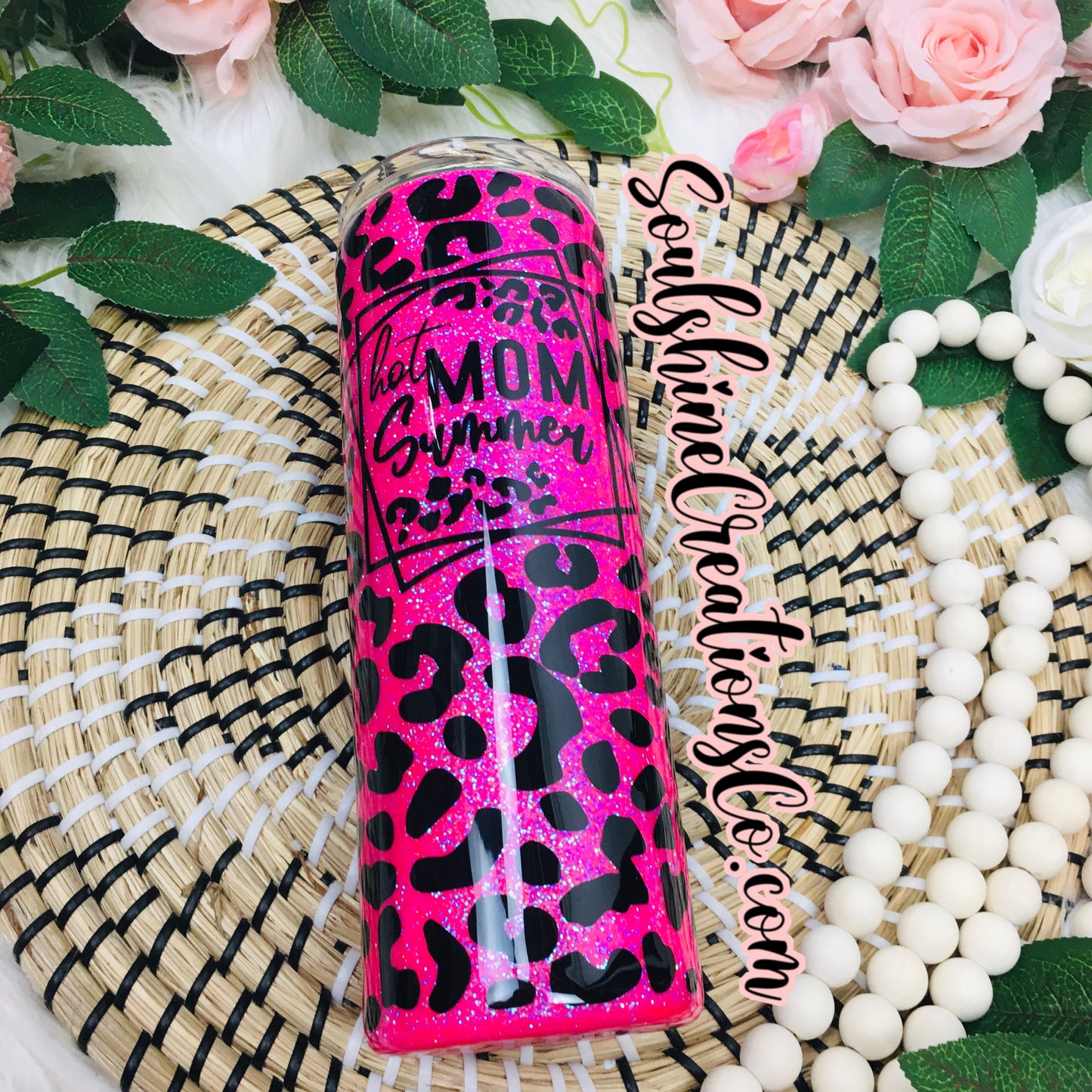 Hot Mom Summer Leopard Print Glitter Skinny Tumbler