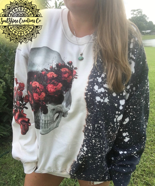 Floral Split Skull Bleached Sweater