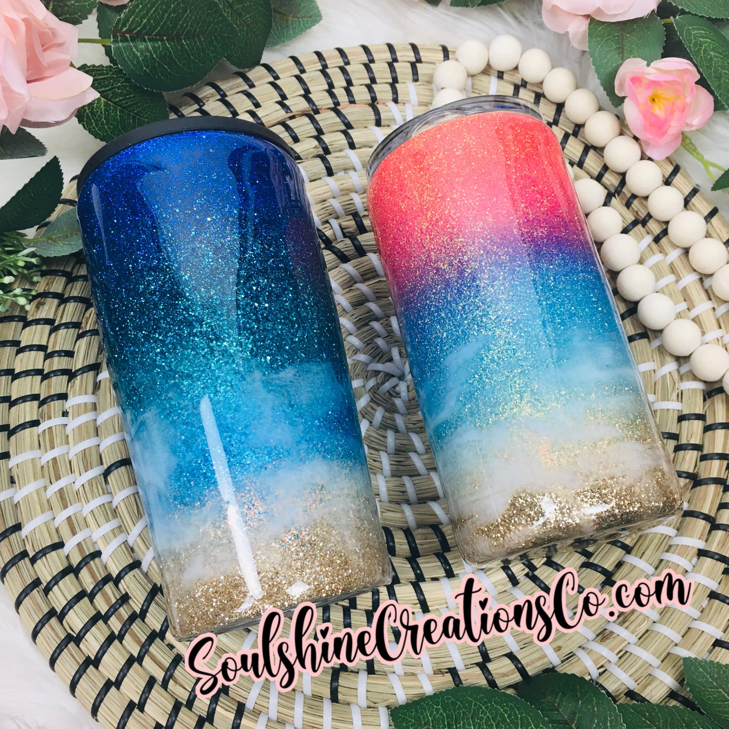 Beach Vibes Pastel Sunset Glitter Tumbler