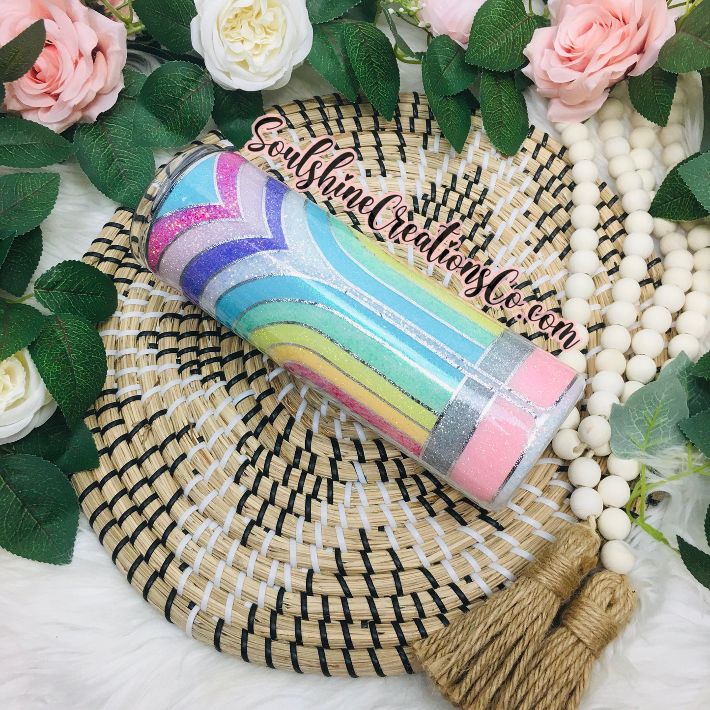 Pastel Rainbow Pencil Glitter Tumbler Teacher Cup