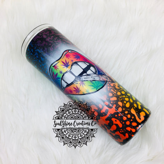 Neon Splatter Cannabis Lips Glitter Tumbler