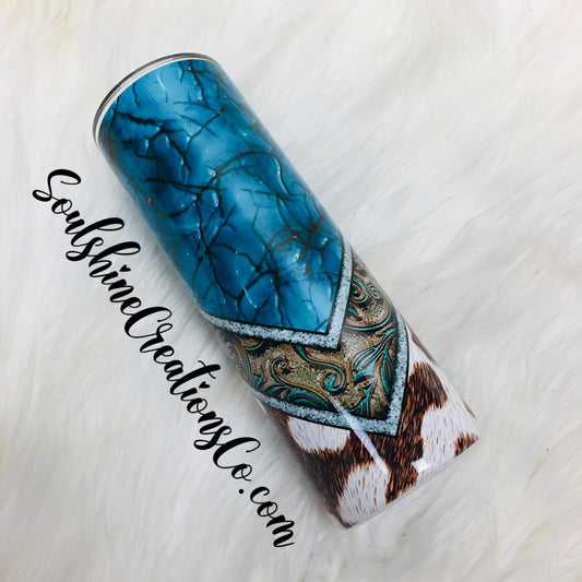 Turquoise Cowhide Tooled V-Split Tumbler