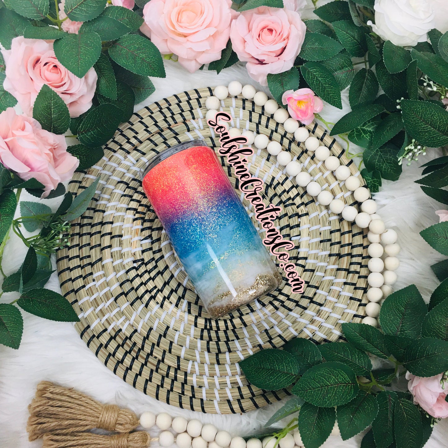 Beach Vibes Pastel Sunset Glitter Tumbler