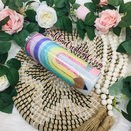 Pastel Rainbow Pencil Glitter Tumbler Teacher Cup